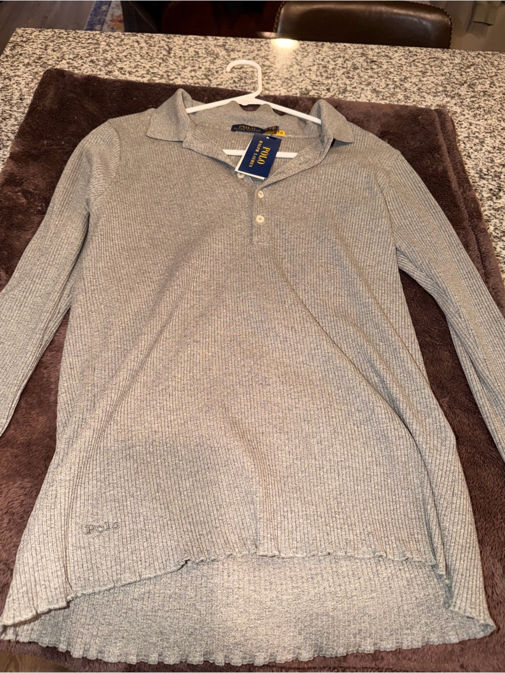 Polo by Ralph Lauren Light Gray Ribbed Button-Down Polo Top